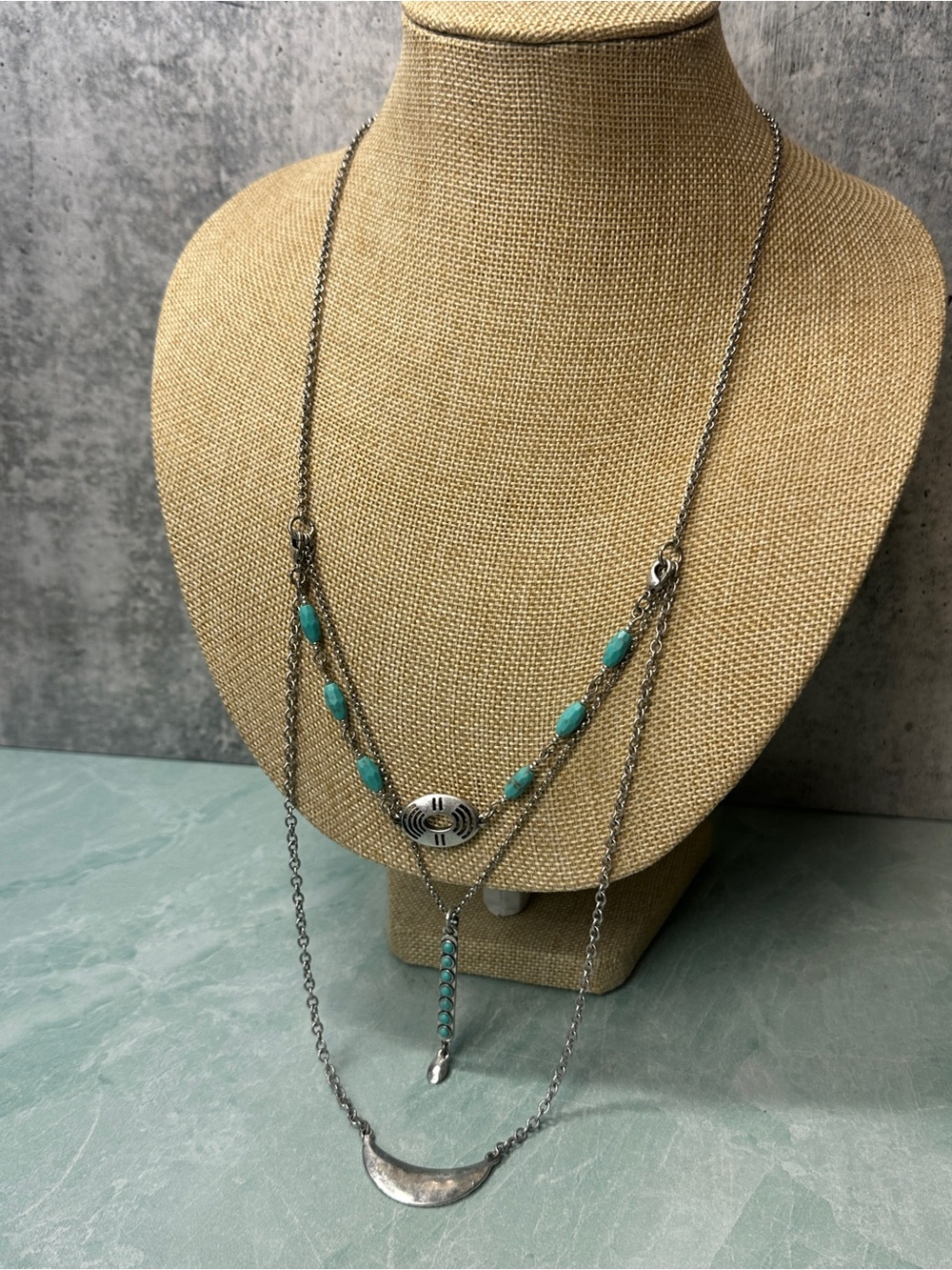 Lucky Brand Layered Turquoise Bead Silver-Tone Necklace removable layer